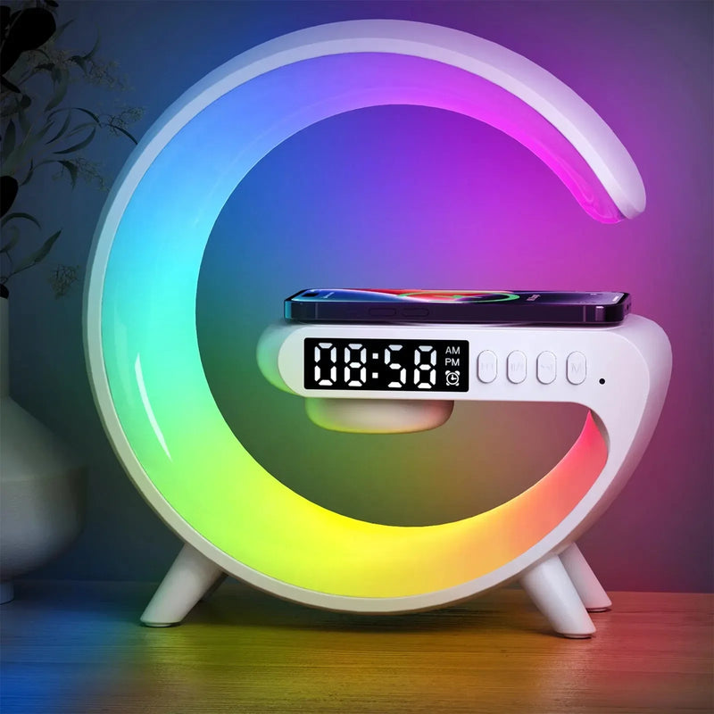 Wireless Speaker Smart Wake LED Up Light RGB Night Light with 15W Wireless Rechargeable Desk Lamp for Bedroom Bedside Game Room